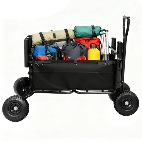 EVGTTI Sand Fishing Trolley, Supports up to 550 lbs, Collapsible Sea Fishing Cart with 11-inch Large Rubber Wheels, Sturdy Construction Cart Includes 6 Rod Holders, Ideal for Beach Outings