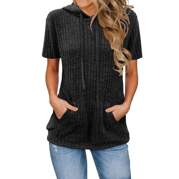 Women's Zip Up Hoodie Short Sleeve Solid Color Loose Fit Casual Sweatshirt with Pocket Comfortable and Lightweight for Women