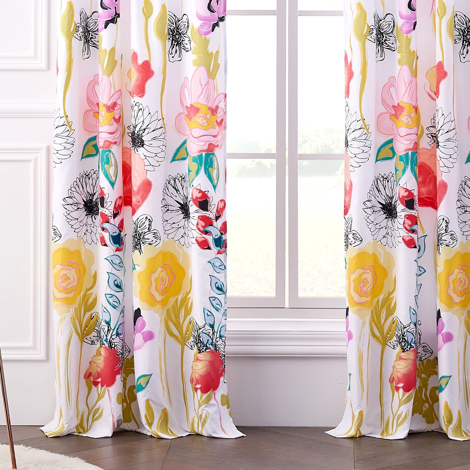 Global Trends Wildflower Delight Contemporary Curtain Panels, Set of 2, White, 84-inch Long