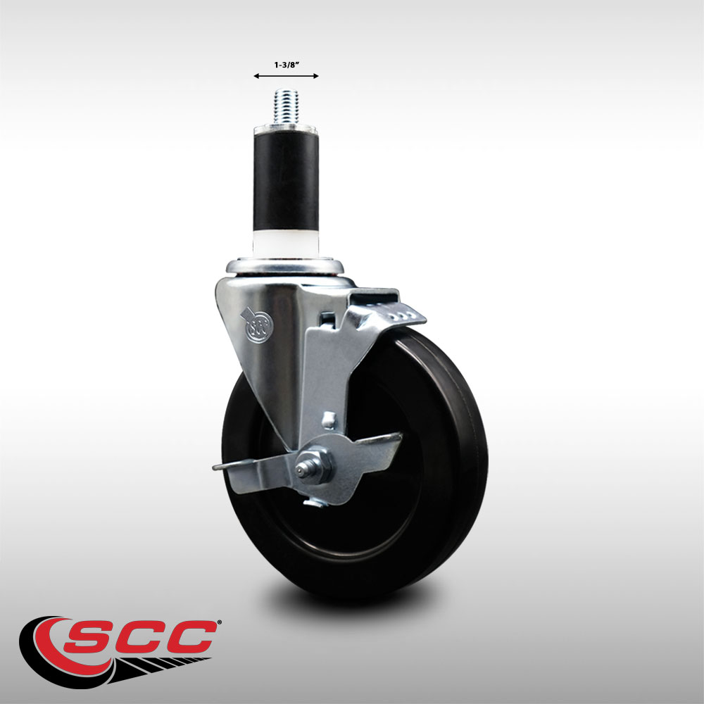 Stainless Steel Hard Rubber Swivel Expanding Stem Caster w/5" x 1.25" Black Wheel and 1-3/8" Stem & Top Locking Brake - 300 lbs Capacity/Caster - Service Caster Brand - image 2 of 4