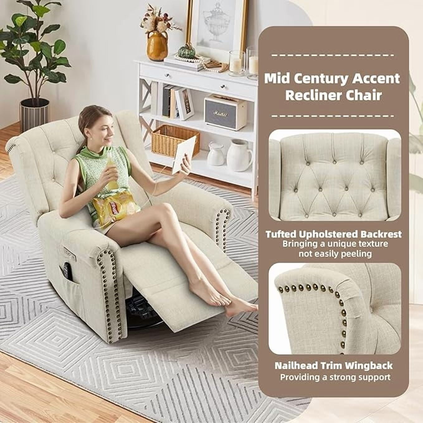 EPICOZY Power Swivel Rocking Glider Recliner Chair with Massage and Heat, Electric Nursery Glider Rocker for Living Room, Wingback Tufted Upholstered Recliner Chair with Type-C & USB Ports, Beige