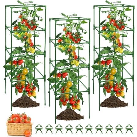 3 Pack Tomato Cage Square Heavy Duty, Tomato Cages for Garden Rustproof, Height-Adjustable Plant Trellis for Raised Garden Bed, Plant Support Stakes- 10 Clips Included