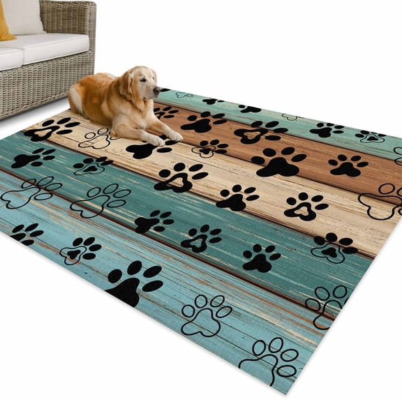 Outdoor Rug 4x6 ft Black Dog Paw Print Waterproof Outdoor Patio Rug Mat Non Slip Outside Area Rugs Carpet for RV,Camping,Porch,Deck,Pool,Balconybackyard,Rustic Turquise Brown Farmhouse Wood