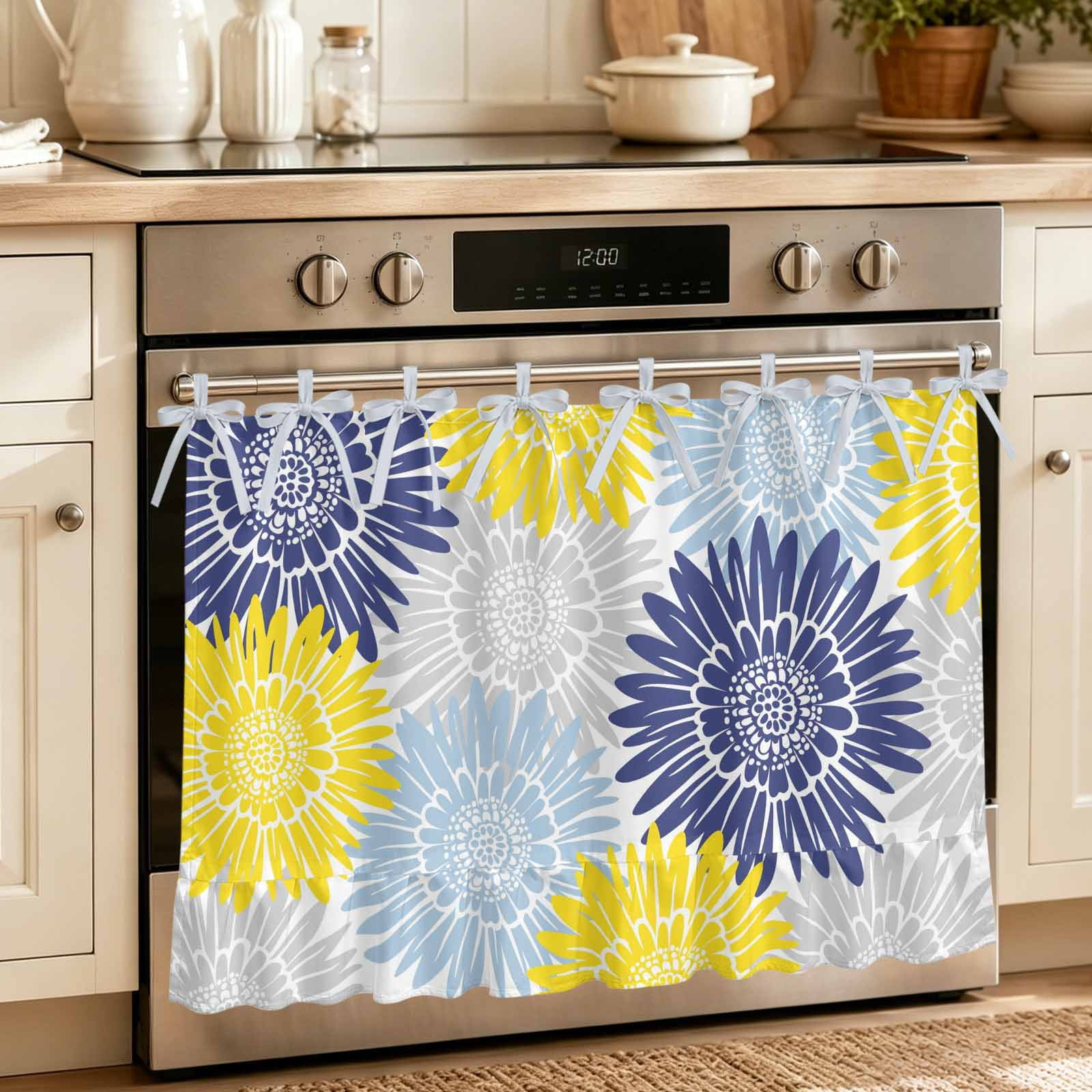 Yellow Blue Sunflowers Oven Skirt for Farmhouse Kitchen D&eacute;cor Boho Retro Floral Rustic Blossom Oven Curtain Tie Top Decorative Stove Skirt Cabinet Dish Washer Curtains with 8 Ribbon Ties 27 x20