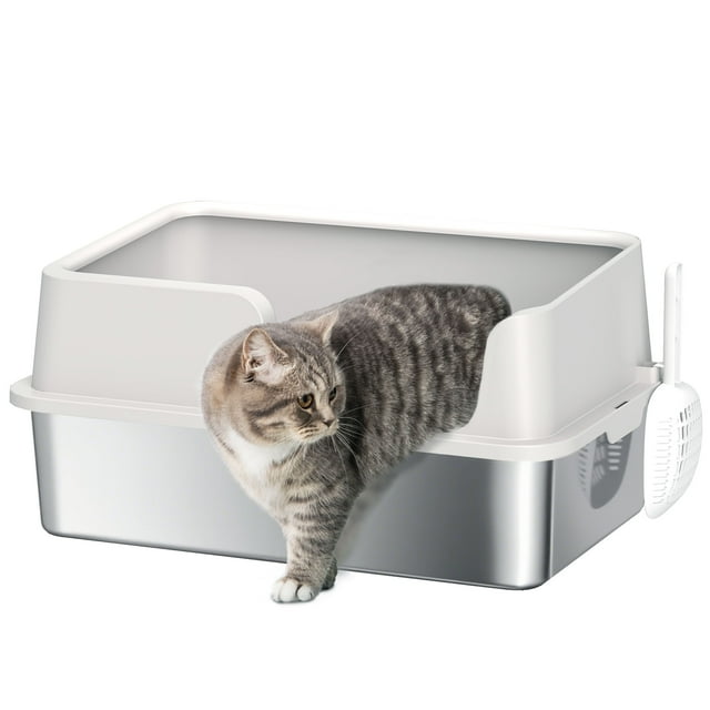 PawHut Bac à Litière pour Chat en Acier Inoxydable, Grande Litière Fermée avec Pelle