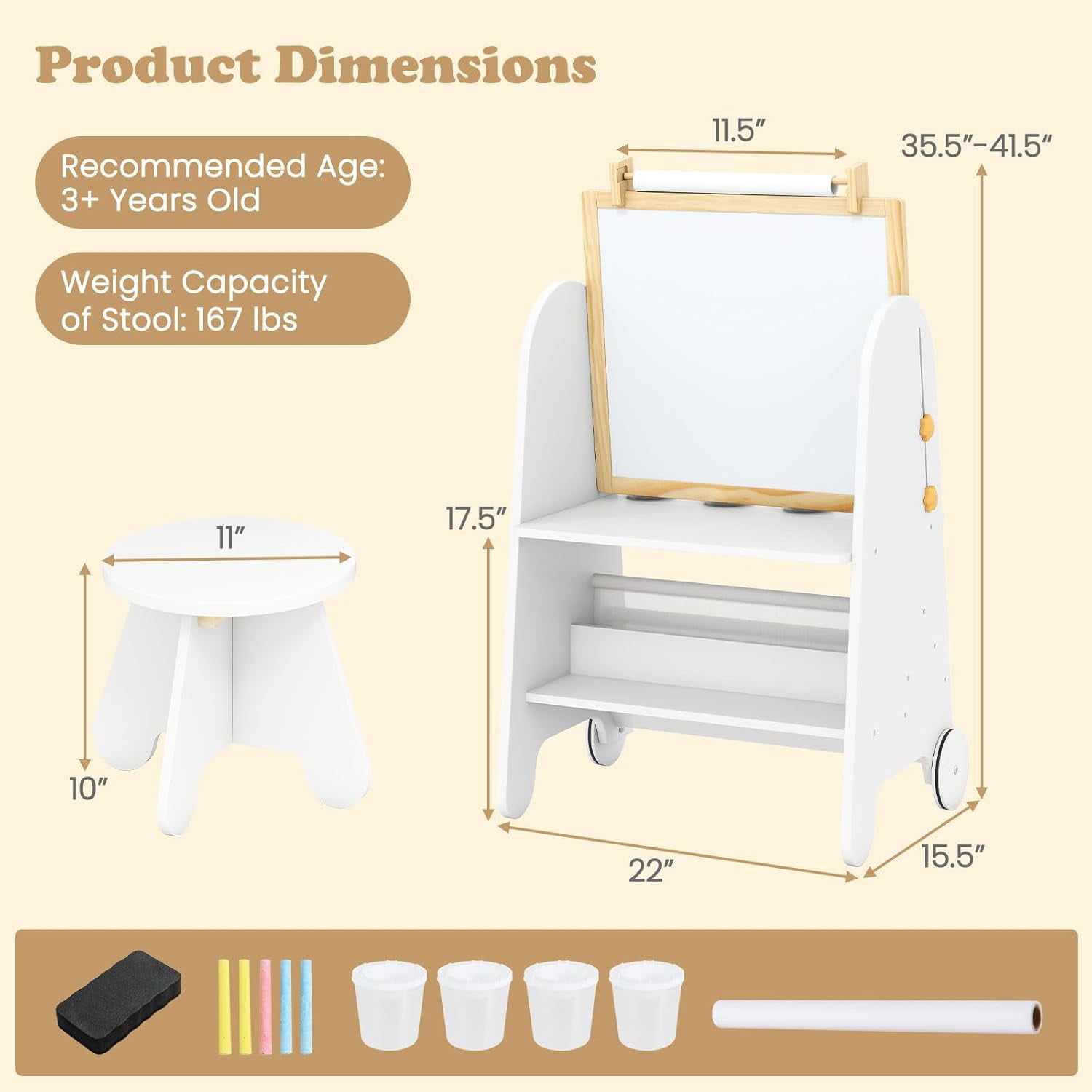 INFANS Easel for Kids with Stool, 4-in-1 Double-Sided Adjustable Magnetic Chalkboard with Paper Roll, Bookshelves, Wheels, Wooden Standing Painting Drawing Art Board for Boys Girls