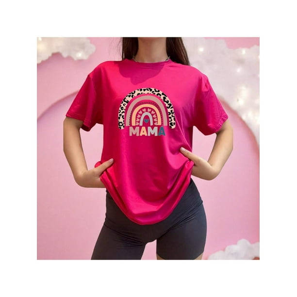 Playera Blusa De Mamá Estilo Arcoiris – Amor, Arcoíris y Corazones en Cada Suspiro Color Fucsia Talla Mediana Marca Emil SaEs