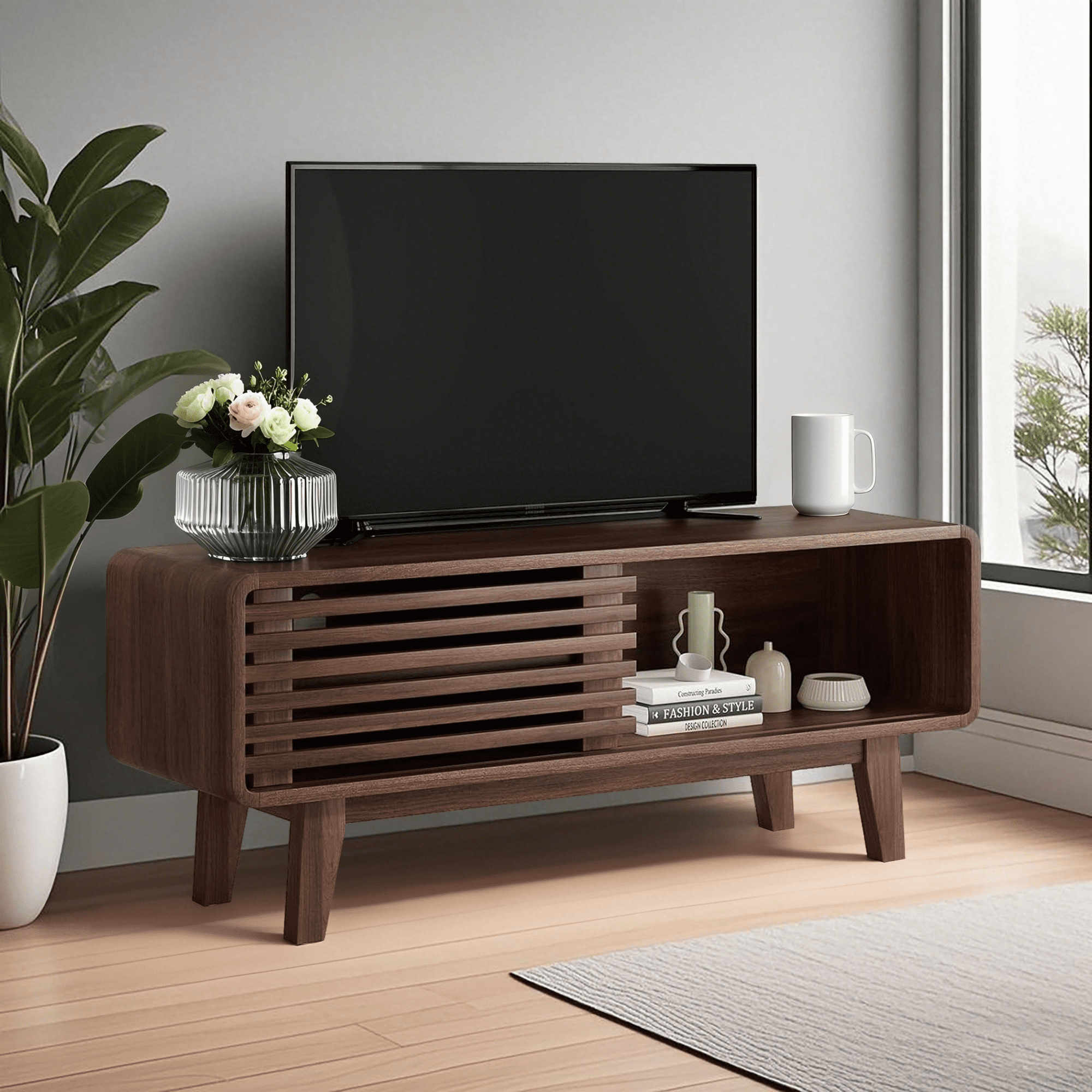 MAYEERTY Walnut Mid Century Modern TV Stand, 59" TV Console with Storage for Living Room & Apartments