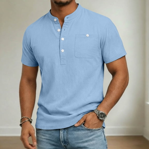 DayScoop Solid Color T Shirt for Men Short Sleeve TShirt Summer Fashion Casual Stand up Collar Button Pocket Tops Tees