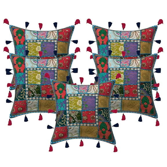 Stylo Culture Ethnic Decorative Throw Pillow Covers 16x16 Embroidered Patchwork Cowrie Sea Shell Tassels Turquoise Boho Hippy 40 x 40 cm Lounge Decor Cotton Floral Square Cushion Covers | Set Of 5