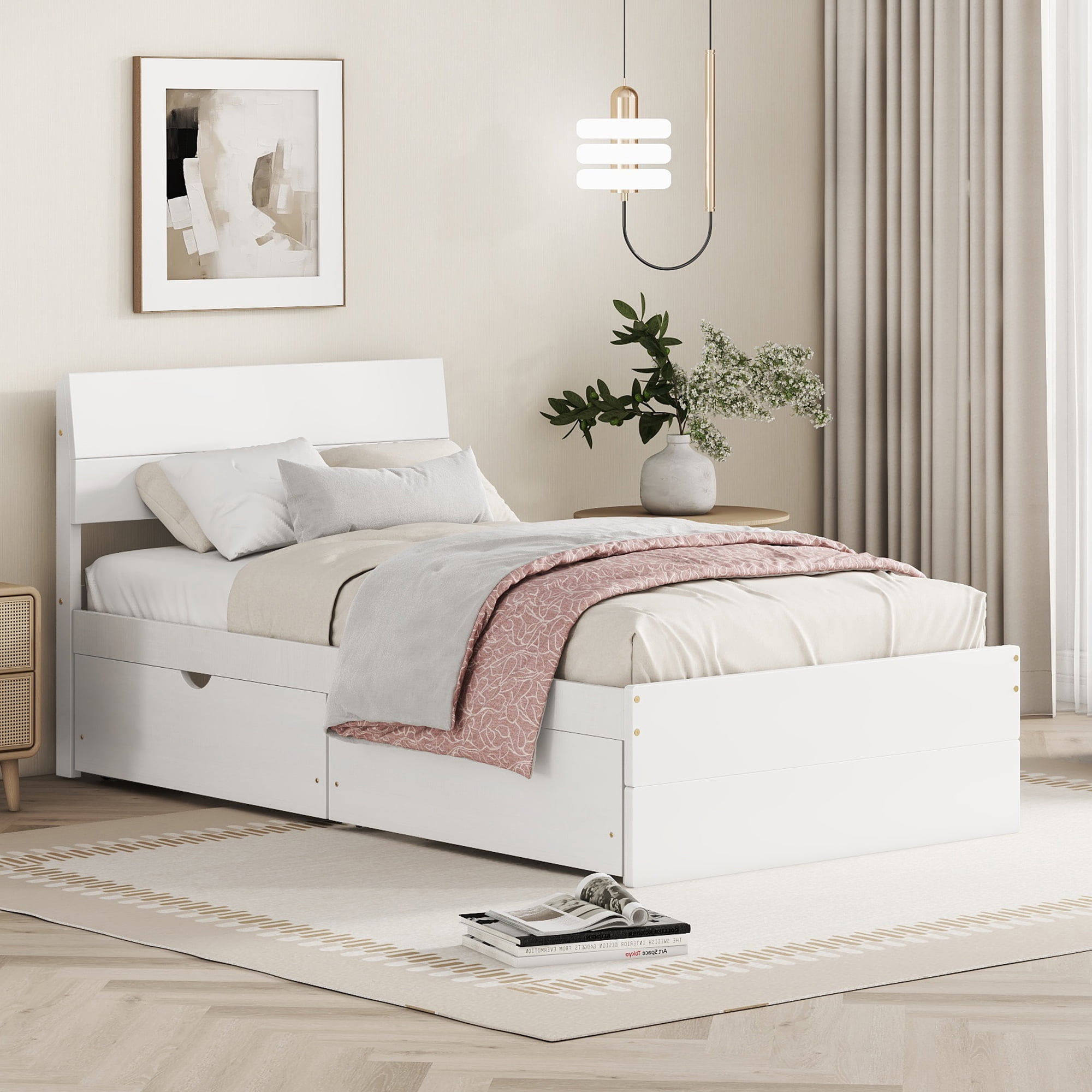 EUROCO Wood Twin Size Platform Bed with Drawers for Kids Teens Adults, Solid Wood Bed for Bedroom, White