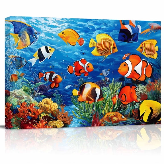 Ocean Marine Canvas Print Wall Art Life Tropical Fish Coral Underwater World Pictures Painting Morden Artwork for Living Room Bedroom, Ready to Hang - 12"x16"