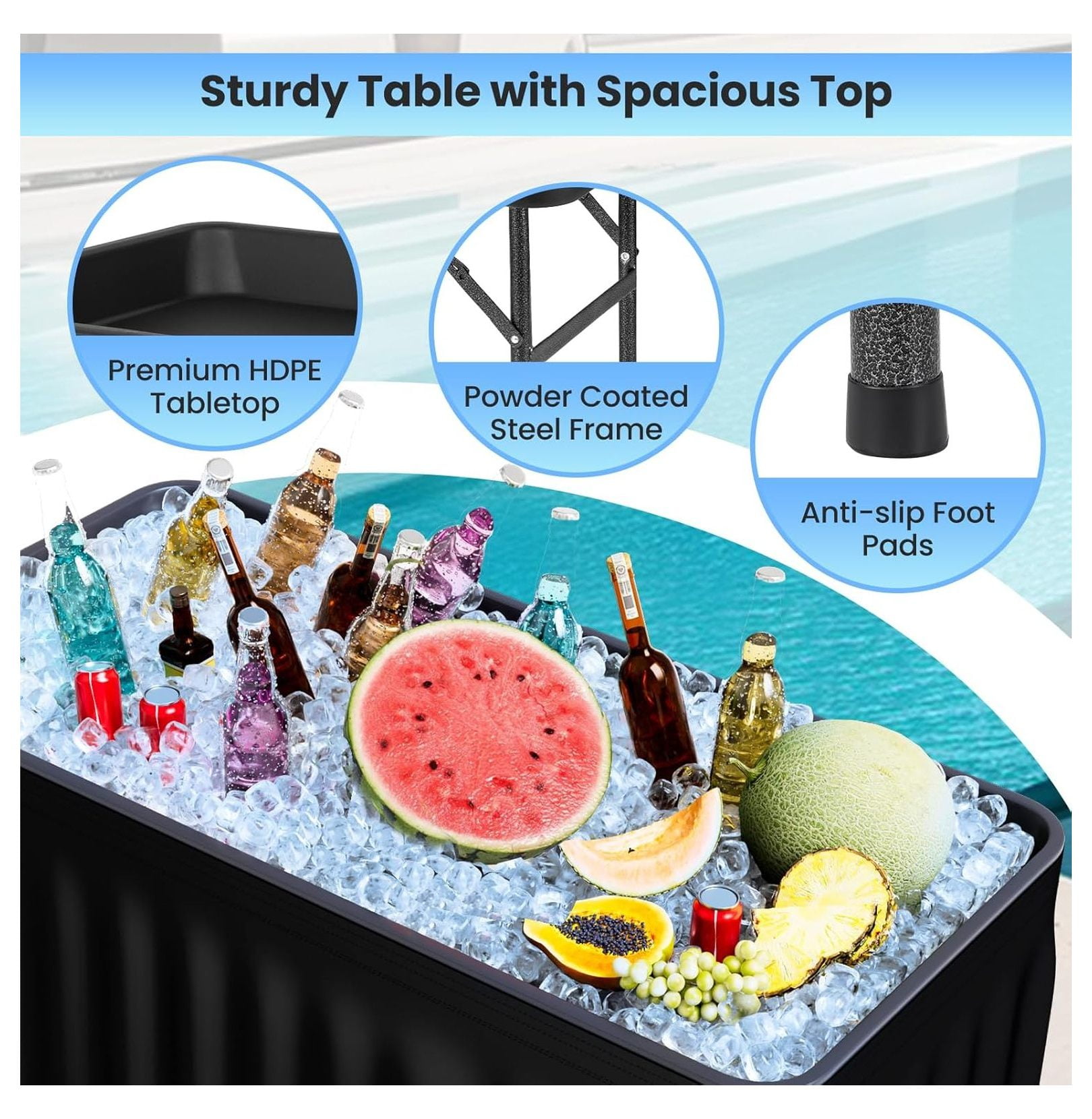 Folding Ice Cooler Table with Matching Skirt, Drain Hose & Bucket, Foldable Beverage Cooler Buffet Cooler Server, Portable Chill Table for Party, Picnic, BBQ, Camping (Black)