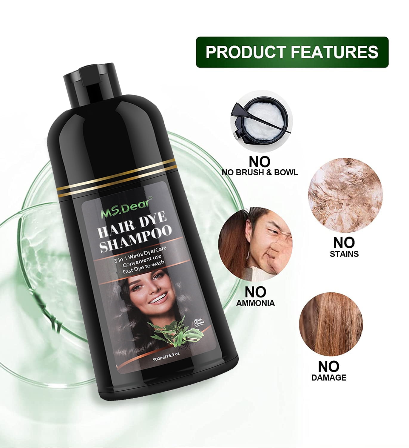 Instant Hair Color Shampoo for Gray Hair,3 in 1 Black Hair Dye Shampoo,Herbal Coloring in Minutes for Women & Men,16.9 fl.oz