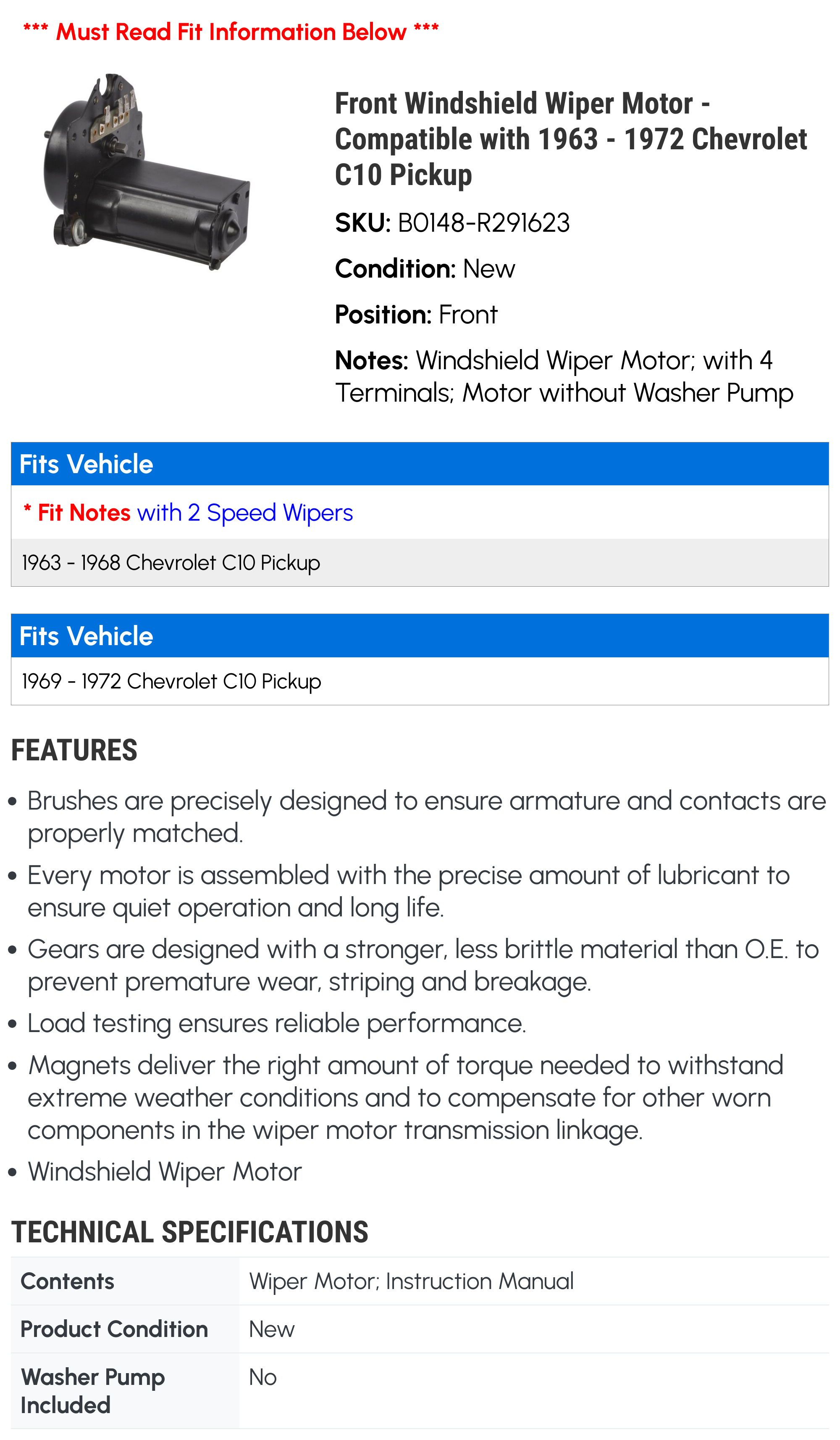 New Windshield Wiper Motor For GMC/Chevrolet 1966-1972 CK Series Trucks & Suburban – Also Fits Jeep Models