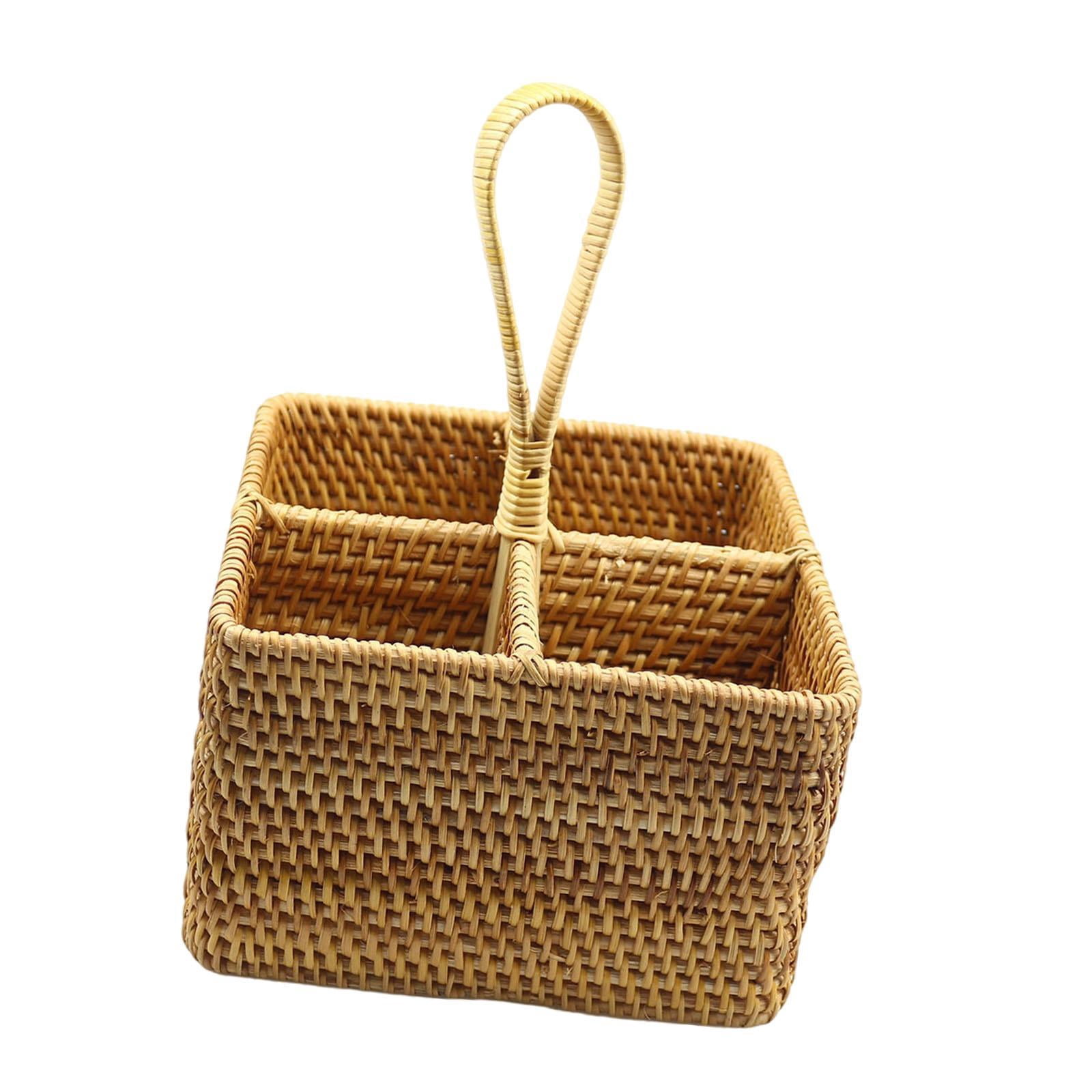 Fancyes Utensil Holder Condiment Organizer Container Basket with 4 Compartments Tableware Storage Holder Rattan Woven for Dining Room Small Square