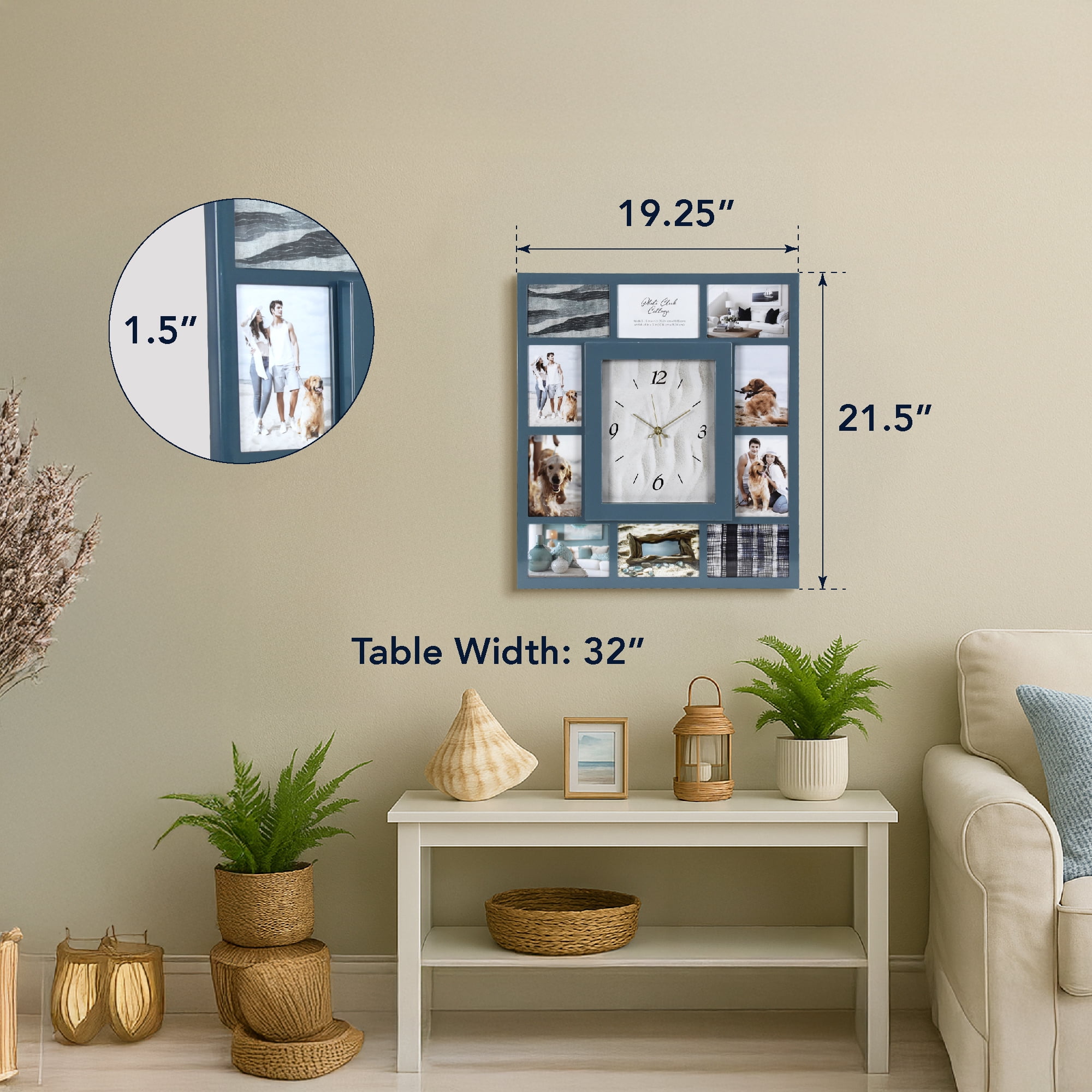 Blue Picture Frame 19.25x 21.5" Collage Wall Clock - 10 Photo Slots, Coastal Modern Decor for Living Room Entryway, Bedroom, Kitchen