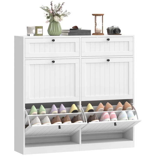 HOMCOM Shoe Cabinet with 2 Flip Drawers, Slim Shoe Storage Cabinet, White