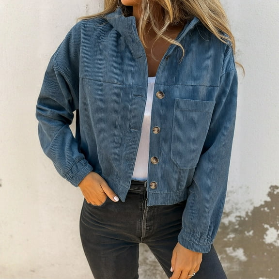 Women's Corduroy Button Down Shacket, Casual Hooded Jacket with Front Pockets, Soft Ribbed Fabric Button Front Coat, Relaxed Fit Corduroy Outerwear for Women, Trendy 2025 Fall and Winter Jacket Blue