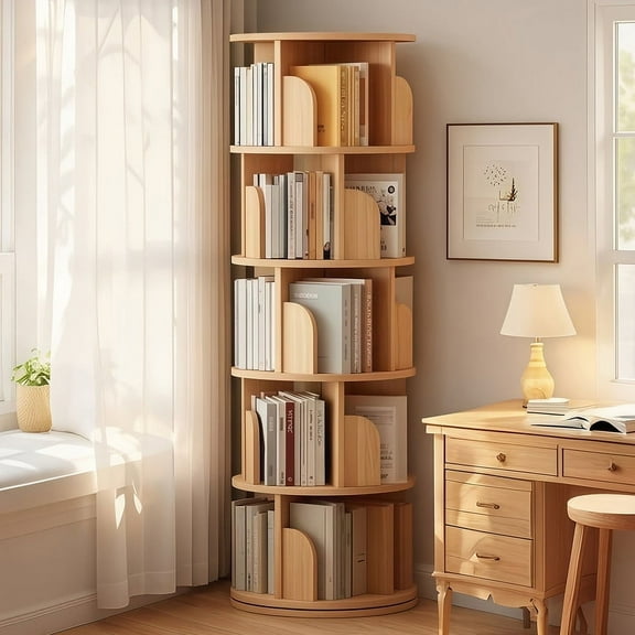 360° Display 5 Tier Rotating Bookshelf, Round Spinning Bookshelf, Space-Saving, Small Space Rotating Bookshelf Tower for Bedroom, Living Room