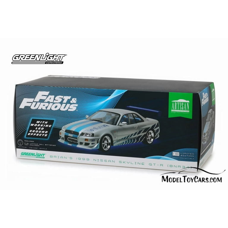 1999 Nissan Skyline GT-R (R34) with Blue Neon LED Lights, Silver with Blue  - Greenlight 19041 - 1/18 scale Diecast Model Toy Car