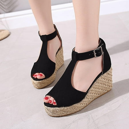

Tawop Womens Casual Shoes Sandals Wedge Casual Fish Mouth Plus-Size Shoes Black 39(Us:8)