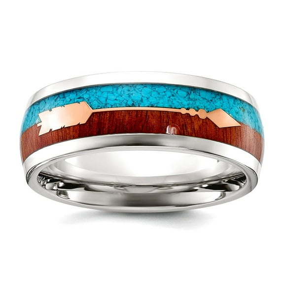 Stainless Steel Polished Arrow With Simulatedturquoise and Wood Inlay 8mm Band Size 12.5 Ring for Women and Men