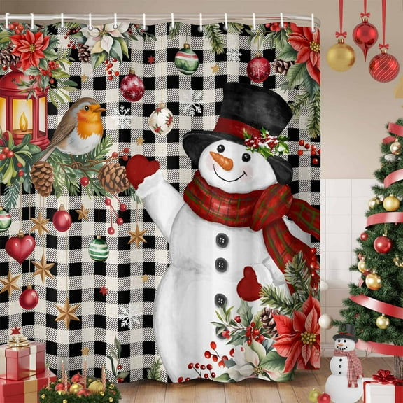 Christmas Plaid Shower Curtain, Black Snowman Xmas Tree Snowflake Buffalo Waterproof Fabric Shower Curtains with 12 Hooks, Bathroom Curtain Set for Bathroom Accessories Decor, 60 x 72 Inches