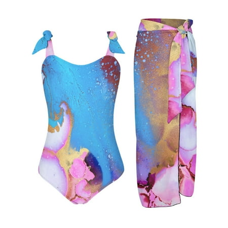 RUTAYY Women Vintage Colorblock Abstract Floral Swimwear Cover Ups 2PCS Vintage Flower Print Swimsuit Monokini Bikini Tankini Set Beach Vacation Swim Wear