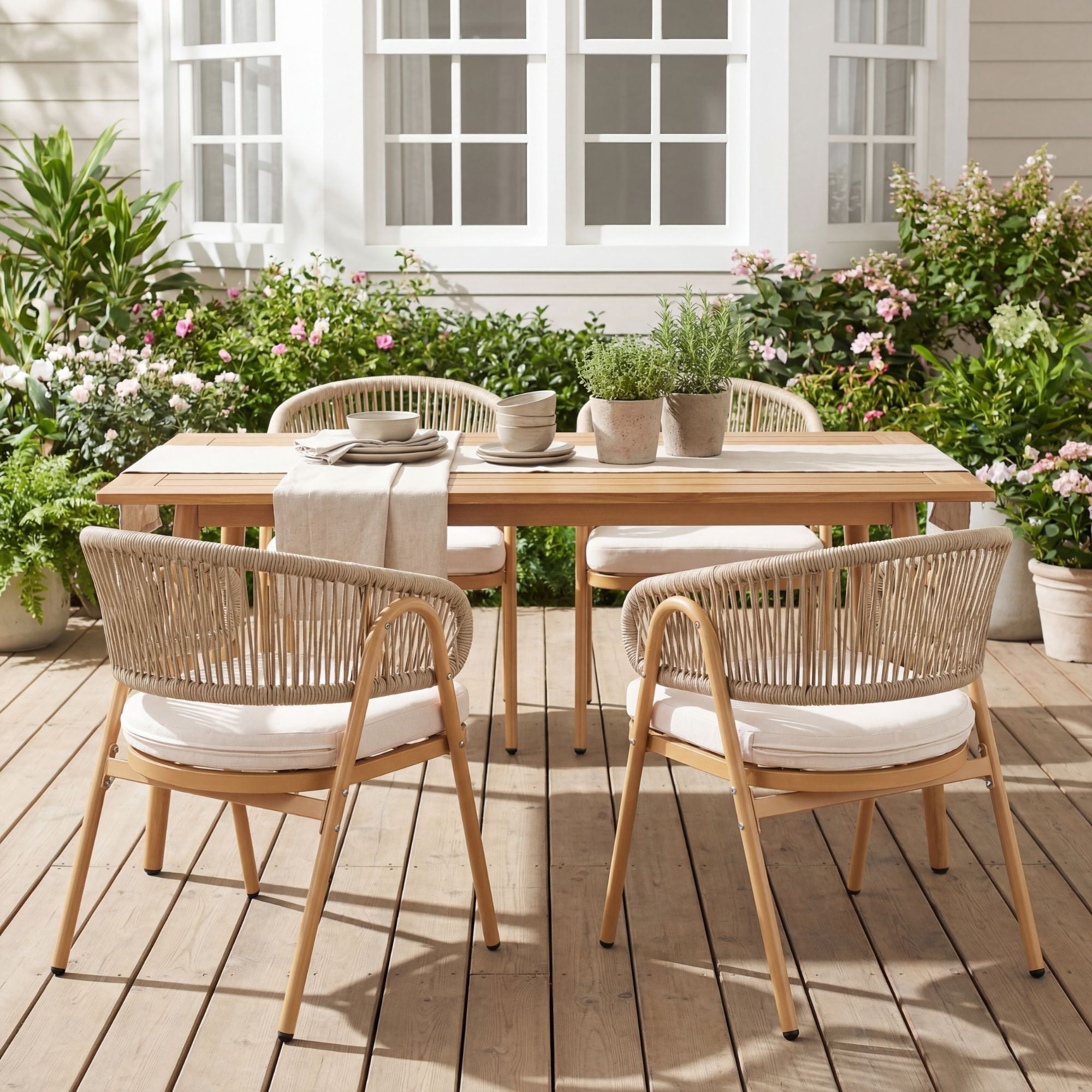Dayalane Outdoor Dining Chairs Set of 2, Modern Rope Woven Patio Armchairs with Curved Back, Weather-Resistant Metal Frame, Balcony Backyard Bistro Seating, Beige