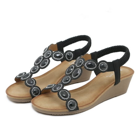

ZHELIYO Women s sandals Women Summer Elastic Band Rhinestones Casual Open Toe Wedges Soft Bottom Breathable Shoes Sandals Black 6.5