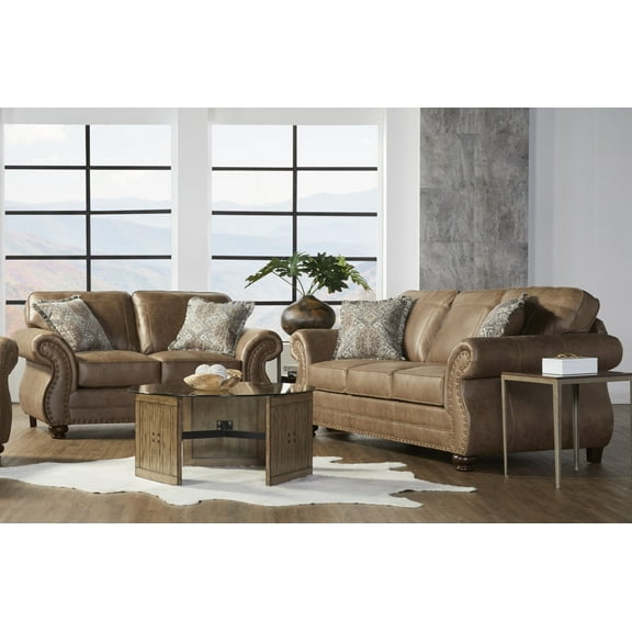 Roundhill Furniture Leinster Faux Leather Sofa and Loveseat, Jetson Ginger Brown