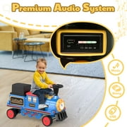 TOKTOO 12V Powered Ride on Toy Train for Kids, Ride on Train Locomotive & Train Carriage W/ Rubber Wheels, Storage Box-Blue