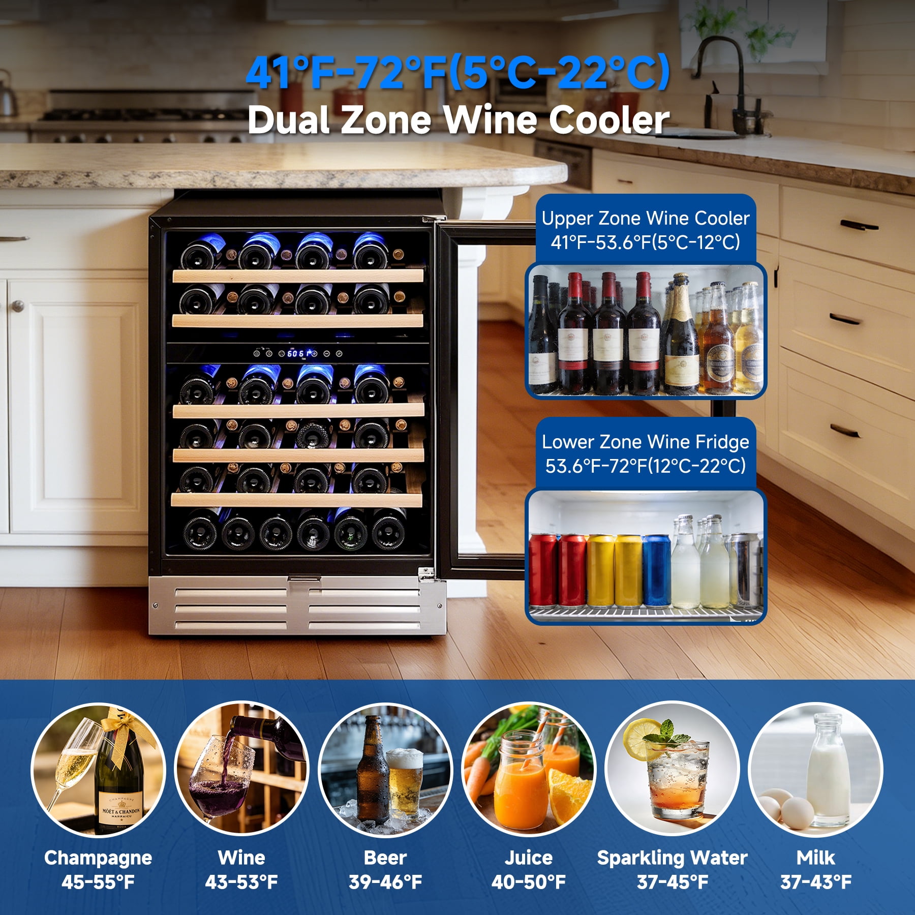 24" Dual Zone Wine Refrigerator, 46-Bottle Built-In or Freestanding Wine Cooler with Glass Door, Quiet Compressor, Digital Temperature Control & Memory Function