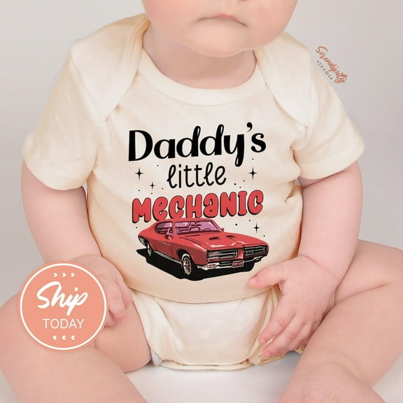 Baby Bodysuit BELLA CANVAS Daddy'S Little Mechanic Infant Bodysuit, Car Lover Baby Outfit, Vintage Muscle Car Baby Shower Gift, Father'S Day Baby Clothes