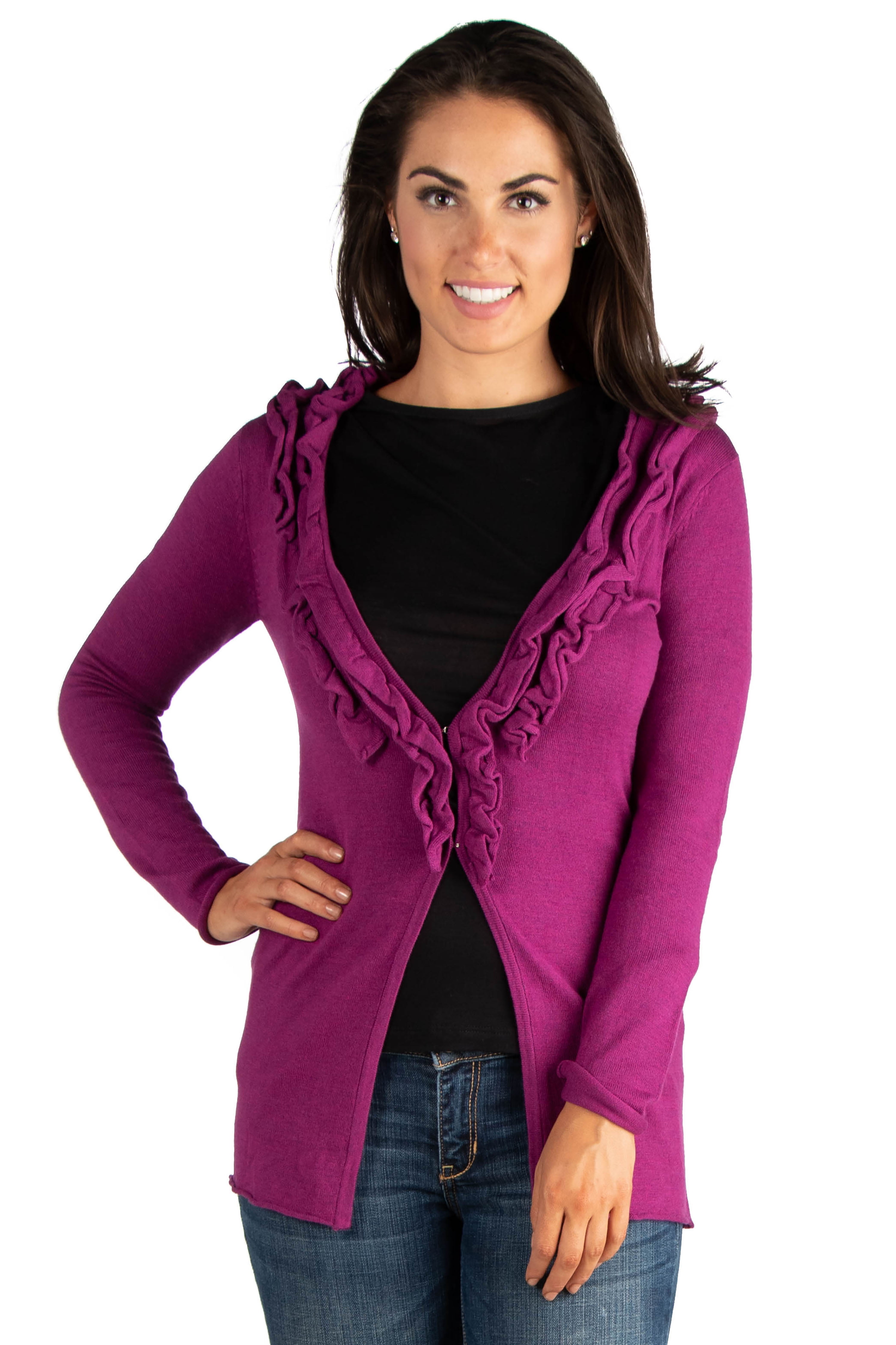 24seven Comfort Apparel Magenta Long Sleeve Ruffle Cardigan Sweater