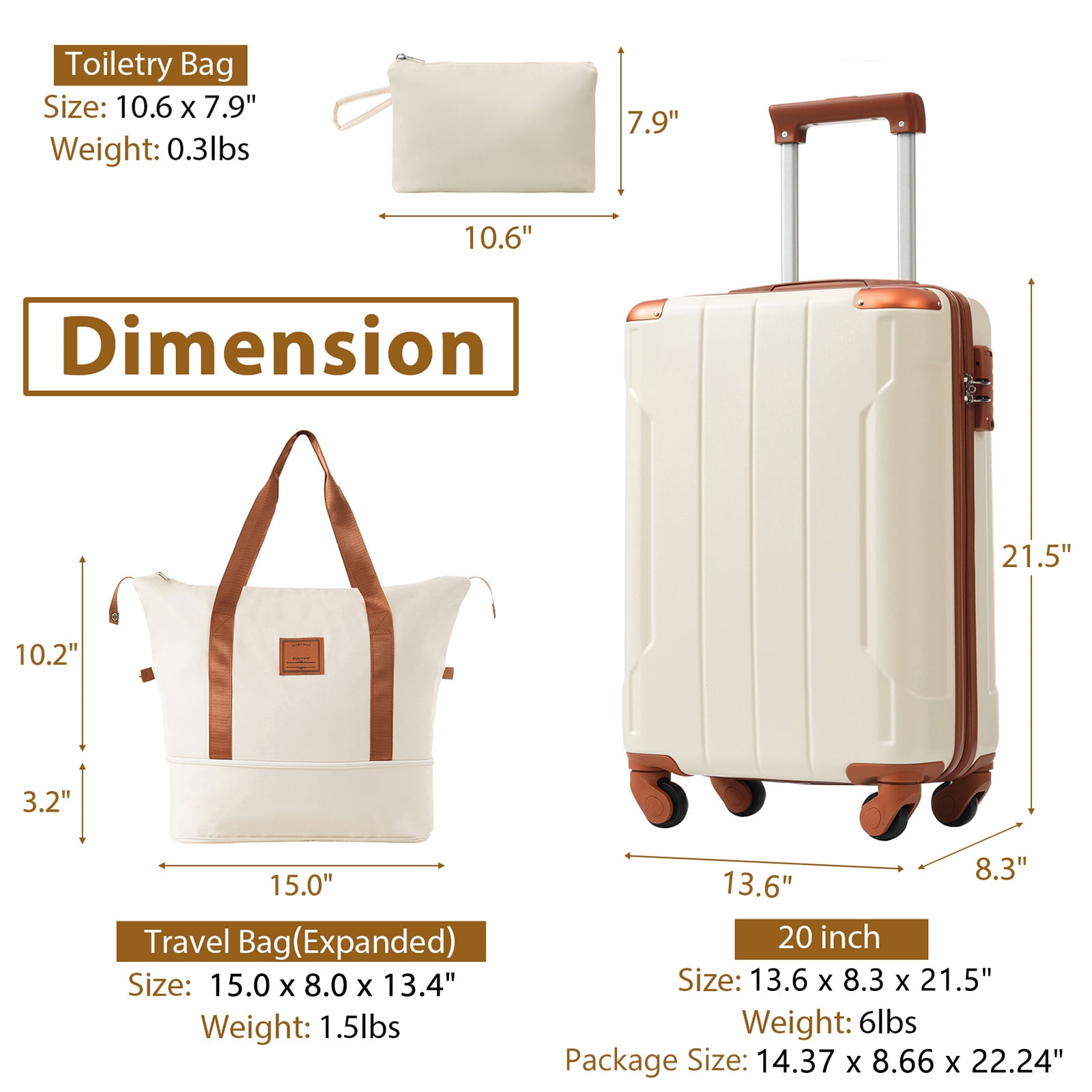 Euroco 20 Inch Carry On Luggage Set 3 Piece,ABS Hardshell Lightweight Suitcase with Spinner Wheels & TSA Lock,Airline Approved Suitcase set for Weedend Getaways,Business Travel,White Brown