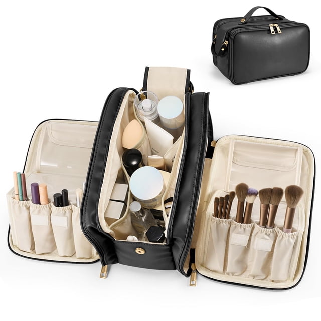 Bolsa de maquillaje de viaje HauteHues de gran capacidad, impermeable, negra