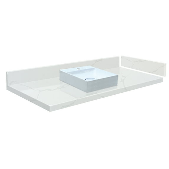 Transolid VT24.75x22-1SV-6F-A-W-1 24.75 in. D Quartz Vessel Vanity Top with Single Hole and Square Vessel Sink, Calacatta