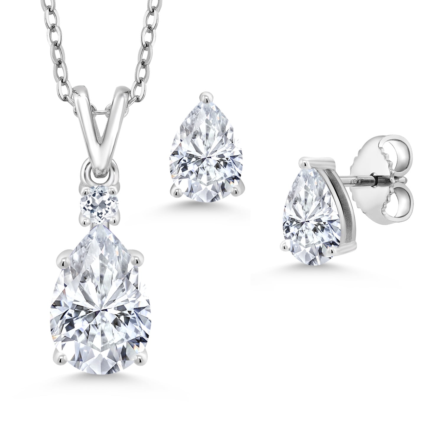 Gem Stone King 925 Sterling Silver White Moissanite and White Topaz Pendant and Earrings Jewelry Set for Women (3.40 Cttw, Gemstone Birthstone, Pear Shape 10X7MM and 7X5MM, with 18 inch Chain)