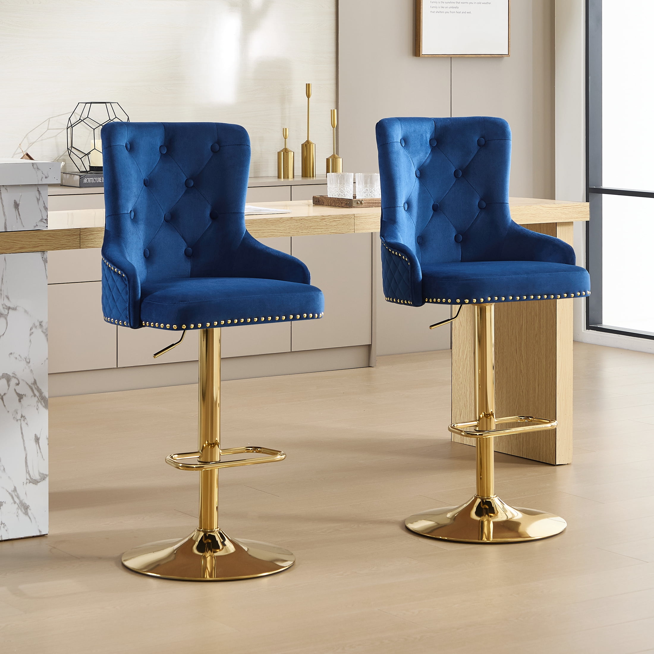 Velvet Gold Bar Stools Set of 4 Modern Counter Height Bar Stools with Lion Pull Ring Tufted Back, Nailhead Upholstered Barstools for Home Kitchen Island, Swivel Adjustable Stool Chair in Dark Blue