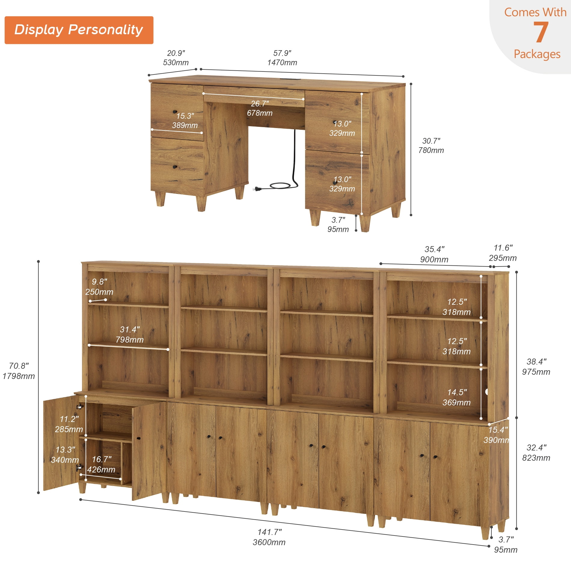 WAMPAT Home Office Furniture Set, 58" Executive Desk with Charging Station and Drawers,4-Column 71" Tall Bookcase with Doors and Adjustable Shelves for Living Room, Dark Brown Wood