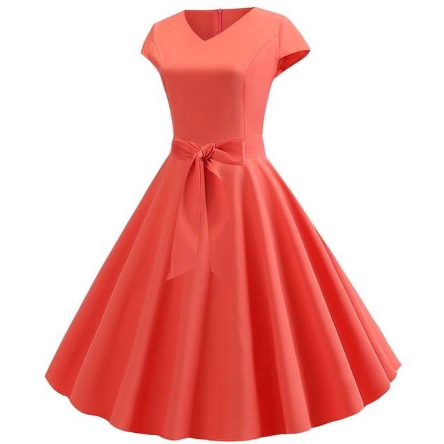 KIHOUT Robes d'Été pour Femmes, Robe Vintage à Manches Courtes des Années 50 pour Femme, Ménagère, Décontractée, Soirée, Bal, Rouge Melon D\'eau, TG