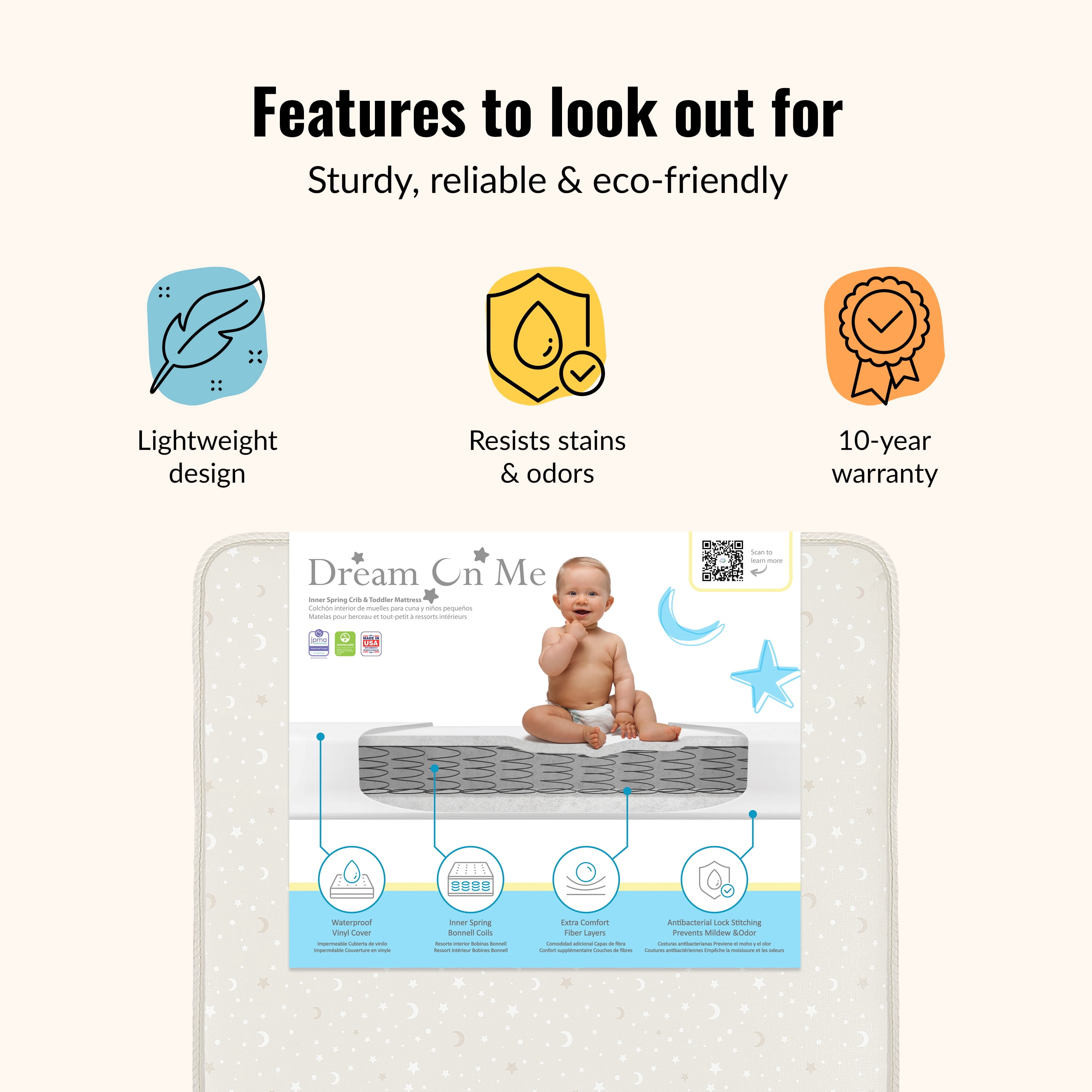 Dream On Me Nirvana 6” 96-Coil Inner Spring Crib & Toddler Mattress | Waterproof Vinyl Cover | Greenguard Gold Certified | 10-Year Manufacturer Warranty | Cream And White Stars