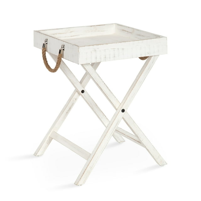Kate and Laurel Bayville Coastal Wood Tray Table, 17 x 17 x 24, White, Decorative Rustic Tray Table with Deep Removable Tray for Serving, Display, and Storage