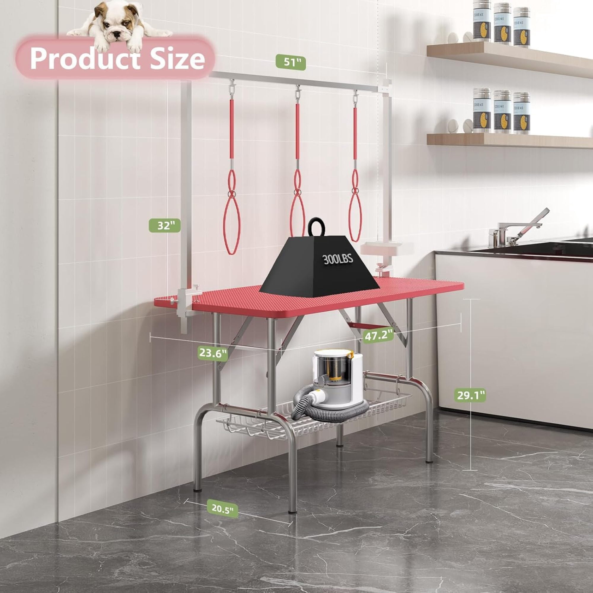 Leumius 47Inch Pink Pet Grooming Table, Stainless Steel Foldable Grooming Table for Dogs at Home Adjustable Height Arms Pet Station with Nooses, Mesh Tray, Tool Organizer