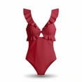 thumbnail image 6 of YTCAMLO One Piece Swimsuit Women Beach Fashion Flowy Ruffle V Neck Bathing Suit Tummy Control Ruched Swim Suits Solid Slimming Swimwear, Hot Pink XL, 6 of 6