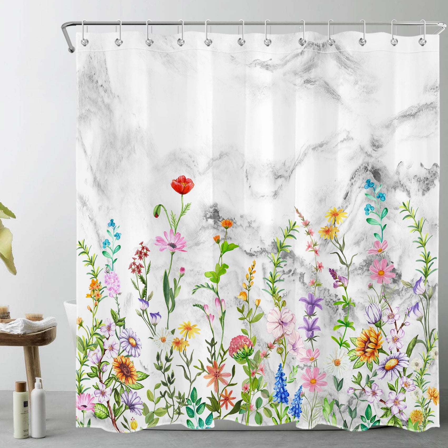 HVEST Floral Shower Curtain for Bathroom, Colorful Flower Botanical on Grey Abstract Marble