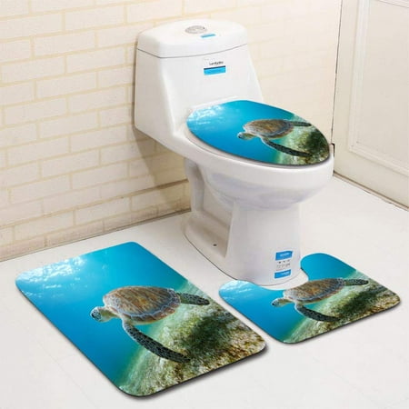 Sea Turtle Bathroom Rug PUDMAD Hawksbill sea Turtle 3 Piece Bathroom Rugs Set Bath Rug Contour Mat and Toilet Lid Cover ()