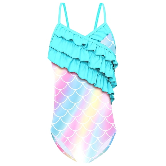 ibiyuan Girls Swimsuits Size 14-16 One Piece Modest Bikini Allover Printed Girls Bathing Suit Adjustable Strap Tankini Drawstring Cute Ruffle Swimwear for Teens,2-Light Blue